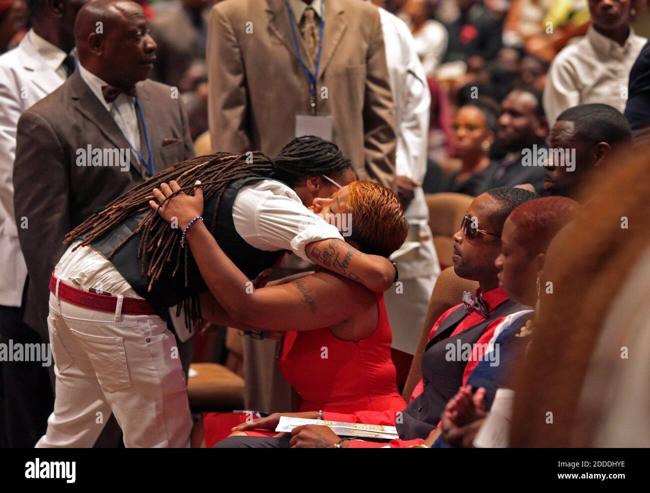 NO FILM, NO VIDEO, NO TV, NO DOCUMENTARY - Lesley McSpadden is comforted during the funeral services for her son Michael Brown on Monday, August 25, 2014, at Friendly Temple Missionary Baptist Church in St. Louis, MO, USA. Photo by Robert Cohen/St. Louis Post-Dispatch/MCT/ABACAPRESS.COM Stock Photo
