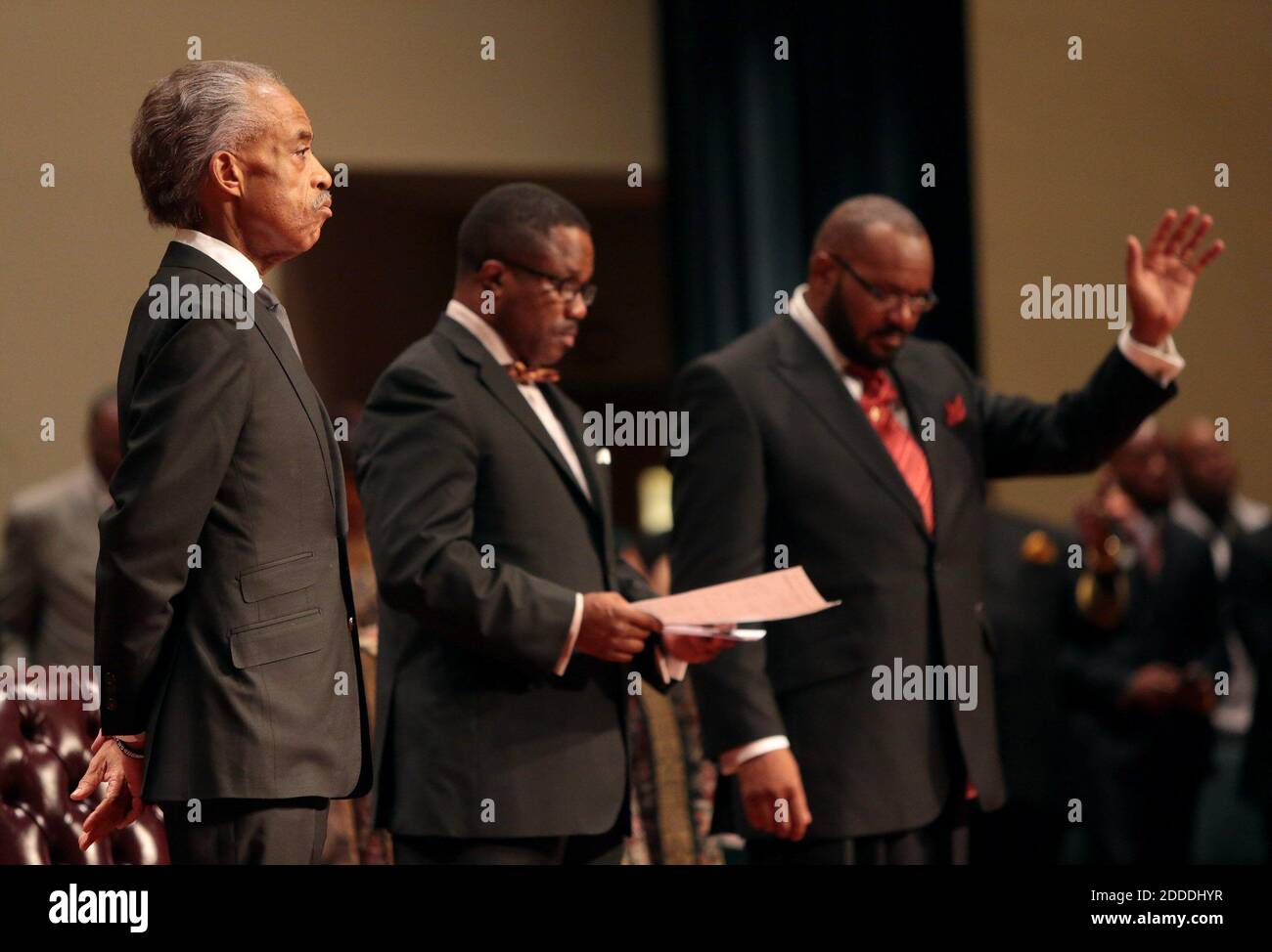 NO FILM, NO VIDEO, NO TV, NO DOCUMENTARY - The Rev. Al Sharpton attends the funeral services for Michael Brown on Monday, August 25, 2014, at Friendly Temple Missionary Baptist Church in St. Louis, MO, USA. Michael Brown, 18, was shot and killed by a Ferguson police officer on August 9, 2014. Photo by Robert Cohen/St. Louis Post-Dispatch/MCT/ABACAPRESS.COM Stock Photo