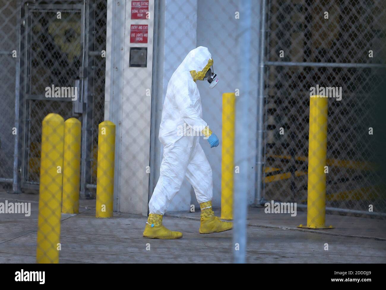 NO FILM, NO VIDEO, NO TV, NO DOCUMENTARY - A Broward County Fire Rescue HAZMAT team member enters the Broward County main jail on Friday, Oct. 17, 2014 in Fort Lauderdale, Fla., after an inmate claimed he has Ebola. As a precaution, Broward's Main Jail has been placed on lockdown. Photo by Carline Jean/Sun Sentinel/MCT/ABACAPRESS.COM Stock Photo