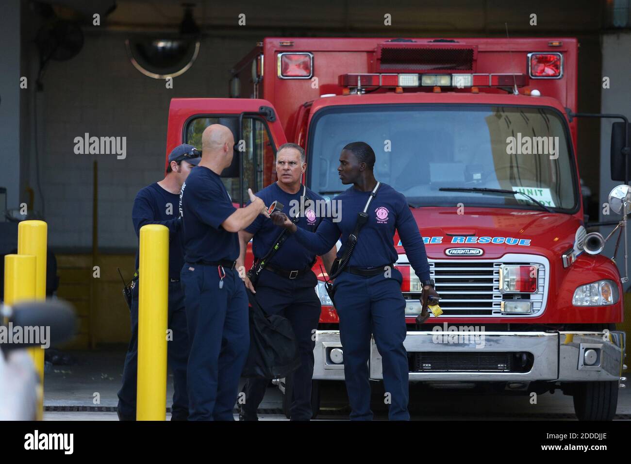 NO FILM, NO VIDEO, NO TV, NO DOCUMENTARY - A Broward County Fire Rescue HAZMAT team works at the Broward County main jail on Friday, Oct. 17, 2014 in Fort Lauderdale, Fla., after an inmate claimed he has Ebola. As a precaution, Broward's Main Jail has been placed on lockdown. Photo by Carline Jean/Sun Sentinel/MCT/ABACAPRESS.COM Stock Photo