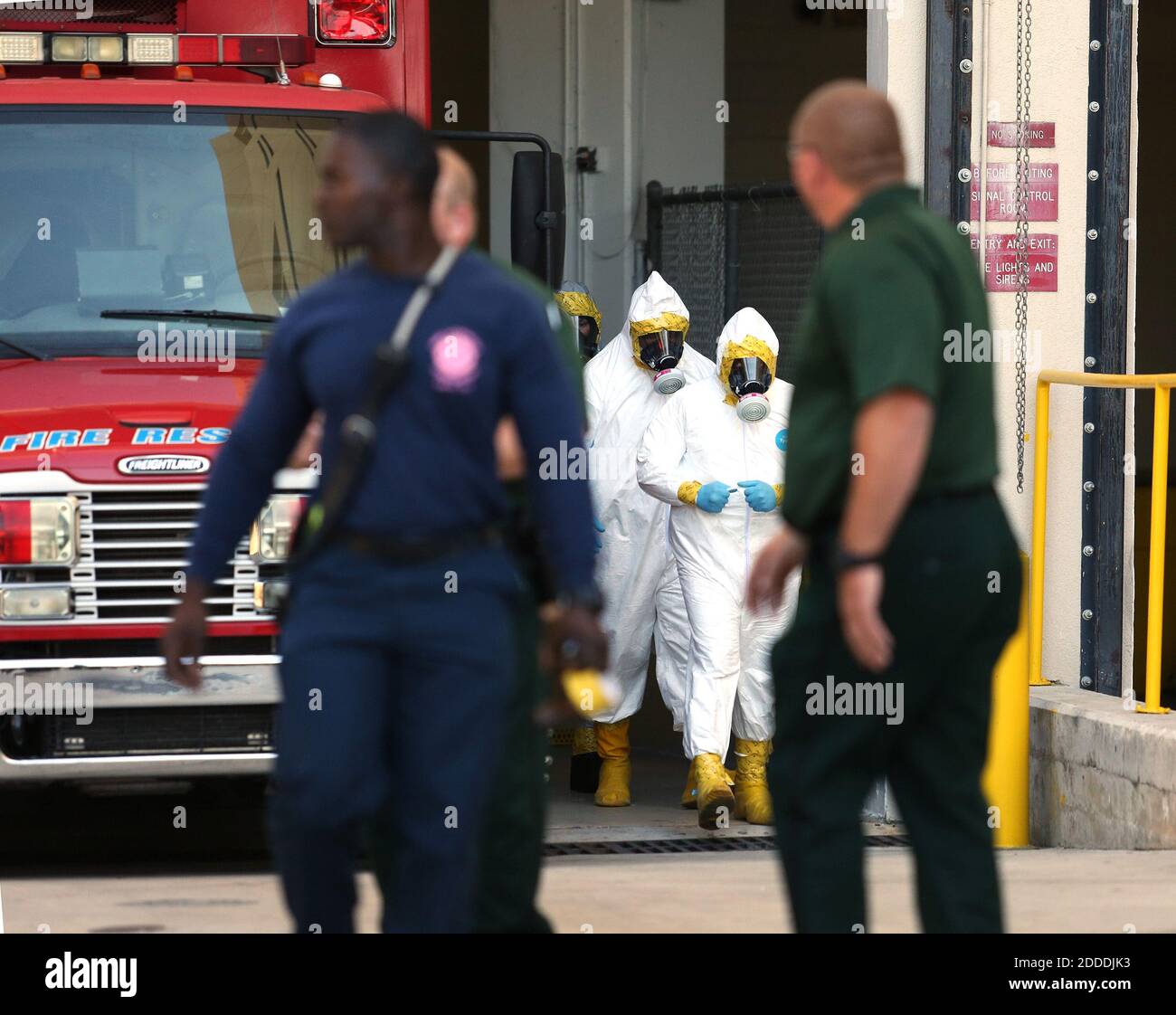 NO FILM, NO VIDEO, NO TV, NO DOCUMENTARY - A Broward County Fire Rescue HAZMAT team works at the Broward County main jail on Friday, Oct. 17, 2014 in Fort Lauderdale, Fla., after an inmate claimed he has Ebola. As a precaution, Broward's Main Jail has been placed on lockdown. Photo by Carline Jean/Sun Sentinel/MCT/ABACAPRESS.COM Stock Photo