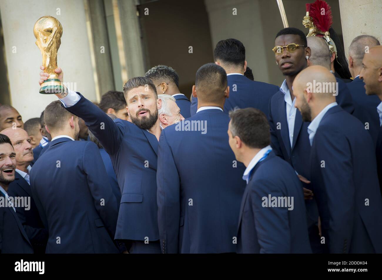 Olivier Giroud holds the trophy during a reception at the Elysee Presidential Palace on July 16, 2018 in Paris, France, after French players won the Russia 2018 World Cup final football match. France celebrated their second World Cup win 20 years after their maiden triumph on July 15, 2018, overcoming a passionate Croatia side 4-2 in one of the most gripping finals in recent history. Photo by Eliot Blondet/ABACAPRESS.COM Stock Photo