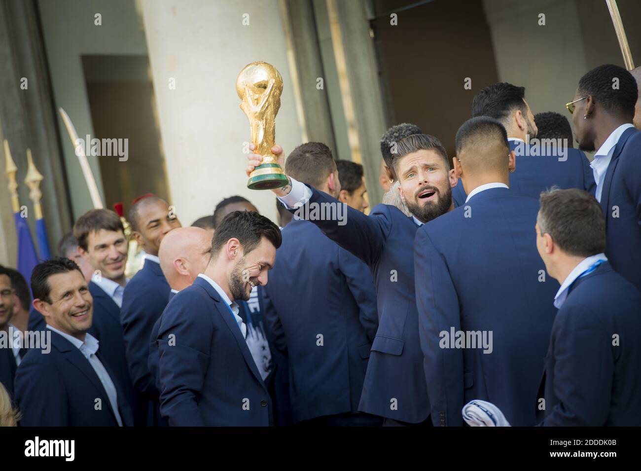 Olivier Giroud holds the trophy during a reception at the Elysee Presidential Palace on July 16, 2018 in Paris, France, after French players won the Russia 2018 World Cup final football match. France celebrated their second World Cup win 20 years after their maiden triumph on July 15, 2018, overcoming a passionate Croatia side 4-2 in one of the most gripping finals in recent history. Photo by Eliot Blondet/ABACAPRESS.COM Stock Photo