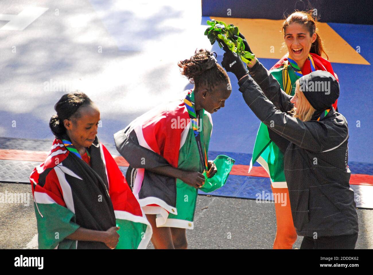 NO FILM, NO VIDEO, NO TV, NO DOCUMENTARY - Mary Keitany receives her first place medal during the TCS New York City Marathon on Sunday, Nov. 2, 2014. Photo by Roy Caratozzolo III/MCT/ABACAPRESS.COM Stock Photo