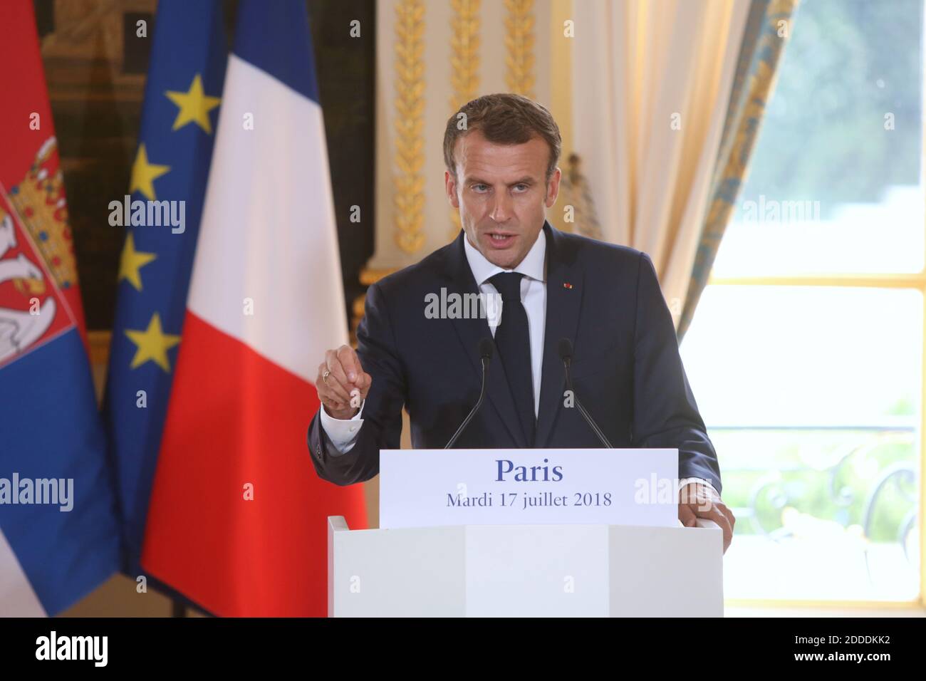 French President Emmanuel Macron gives a press conference after their meeting at the Elysee Palace in Paris on July 17, 2018. Photo by Revelli-Beaumont/Pool/ABACAPRESS.COM Stock Photo