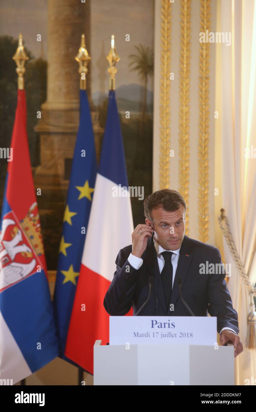 French President Emmanuel Macron gives a press conference after their meeting at the Elysee Palace in Paris on July 17, 2018. Photo by Revelli-Beaumont/Pool/ABACAPRESS.COM Stock Photo
