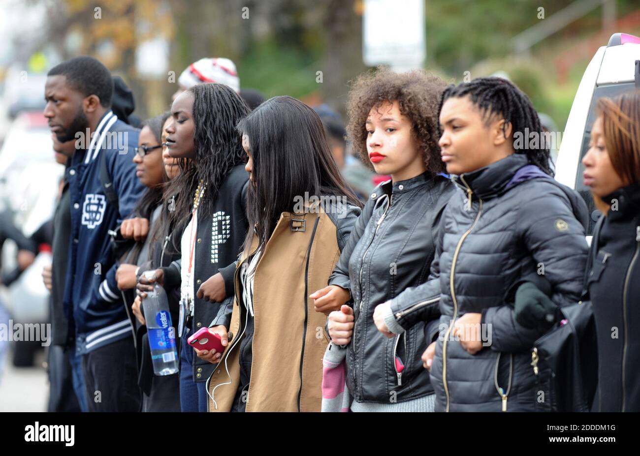 NO FILM, NO VIDEO, NO TV, NO DOCUMENTARY - Morgan State students block the intersection of Perring Parkway and Cold Spring Lane during a rally in Baltimore, MD, USA, on Tuesday, Nov. 25, 2014, in the wake of the grand jury decision not to indict officer Darren Wilson in the shooting death of Ferguson, Mo., teen Michael Brown. Photo by Jerry Jackson/Baltimore Sun/TNS/ABACAPRESS.COM Stock Photo
