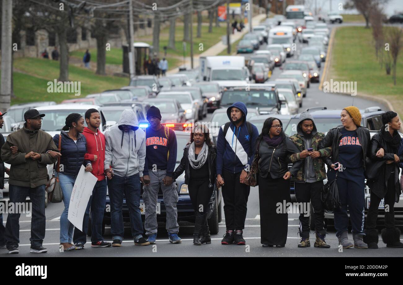 NO FILM, NO VIDEO, NO TV, NO DOCUMENTARY - Morgan State students block the intersection of Perring Parkway and Cold Spring Lane during a rally in Baltimore, MD, USA, on Tuesday, Nov. 25, 2014, in the wake of the grand jury decision not to indict officer Darren Wilson in the shooting death of Ferguson, Mo., teen Michael Brown. Photo by Jerry Jackson/Baltimore Sun/TNS/ABACAPRESS.COM Stock Photo