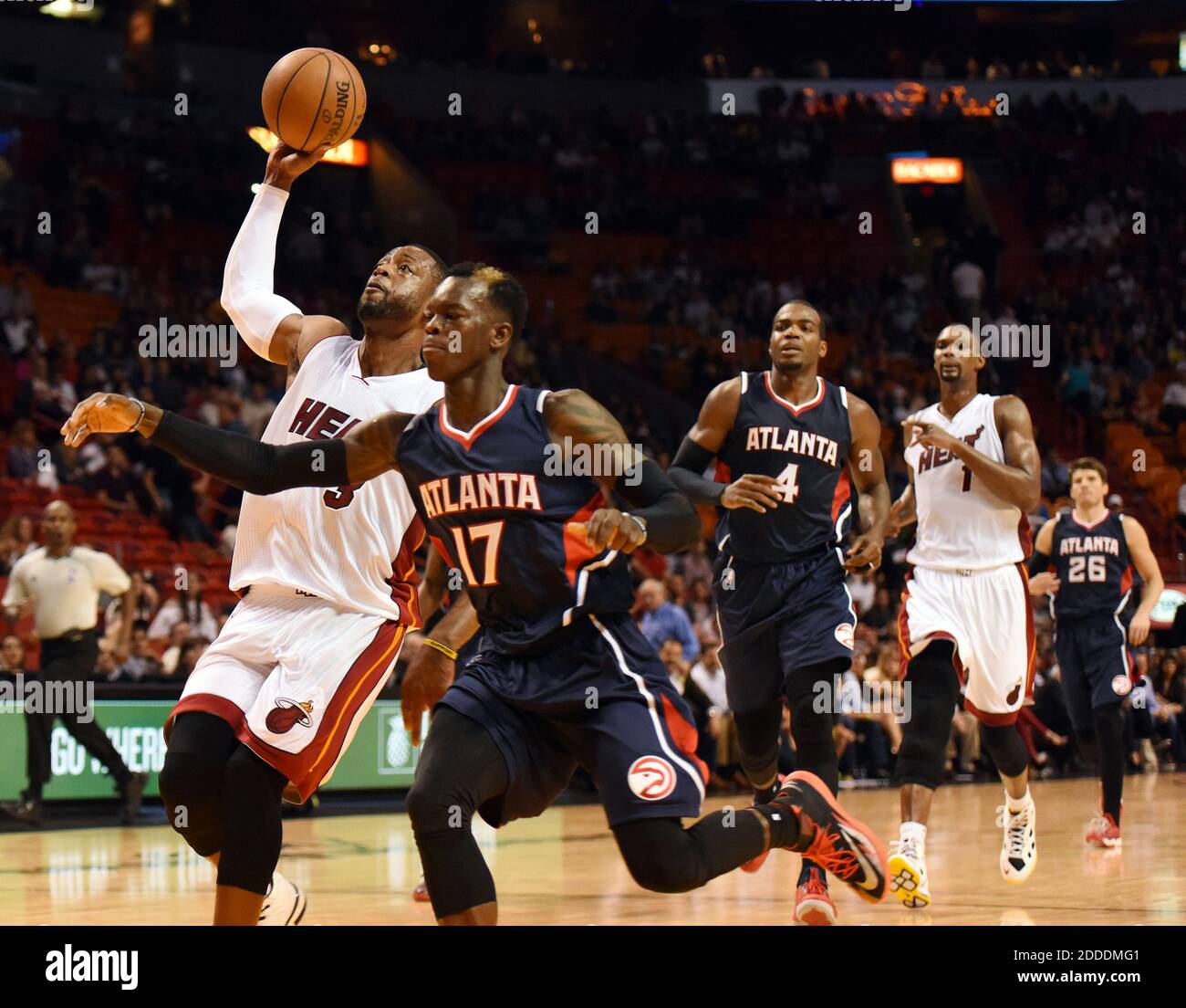 NO FILM, NO VIDEO, NO TV, NO DOCUMENTARY - Miami's Dwyane Wade breaks free for an easy basket against the Hawks at AmericanAirlines Arena in Miami, FL, USA on December 3, 2014. The Hawks won 112-102. Photo by Jim Rassol/Sun Sentinel/TNS/ABACAPRESS.COM Stock Photo