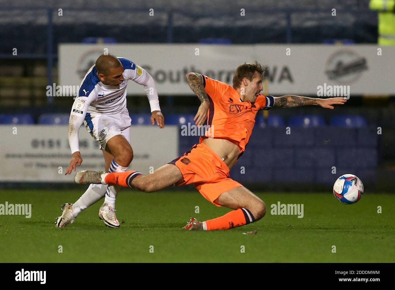 Birkenhead, UK. 24th Nov, 2020. James Vaughan of Tranmere Rovers (l) and Nick Anderton of Carlisle United battle for the ball. EFL Skybet Football league two match, Tranmere Rovers v Carlisle Utd at Prenton Park, Birkenhead, Wirral on Tuesday 24th November 2020. this image may only be used for Editorial purposes. Editorial use only, license required for commercial use. No use in betting, games or a single club/league/player publications.pic by Chris Stading/Andrew Orchard sports photography/Alamy Live News Credit: Andrew Orchard sports photography/Alamy Live News Stock Photo