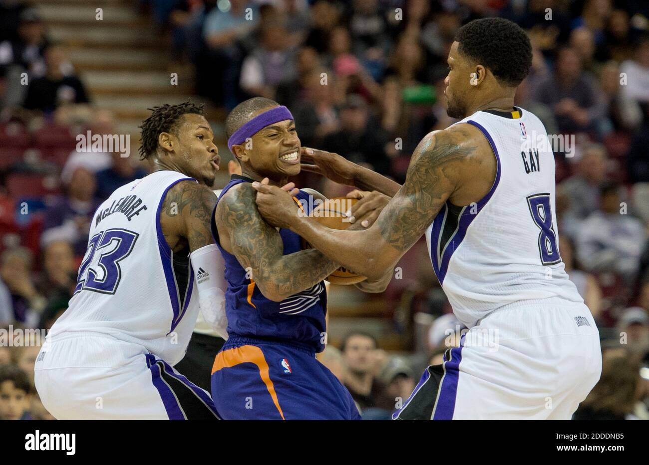 NO FILM, NO VIDEO, NO TV, NO DOCUMENTARY - The Phoenix Suns' Isaiah Thomas is double-teamed by the Sacramento Kings' Rudy Gay (8) and Ben McLemore, left, in the fourth quarter at Sleep Train Arena in Sacramento, CA, USA, on Friday, December 26, 2014. Photo by Jose Luis Villegas/Sacramento Bee/TNS/ABACAPRESS.COM Stock Photo