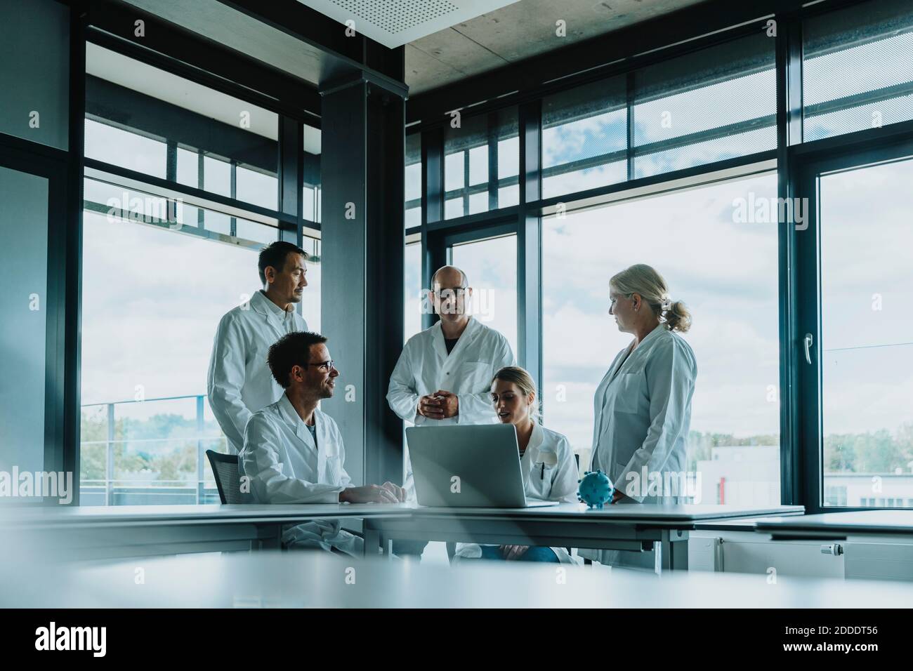 Scientist and doctors discussing while standing in office Stock Photo