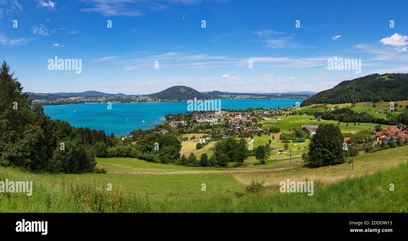 Austria, Upper Austria, Weyregg am Attersee, Panorama of rural town on shore of Lake Atter in summer Stock Photo