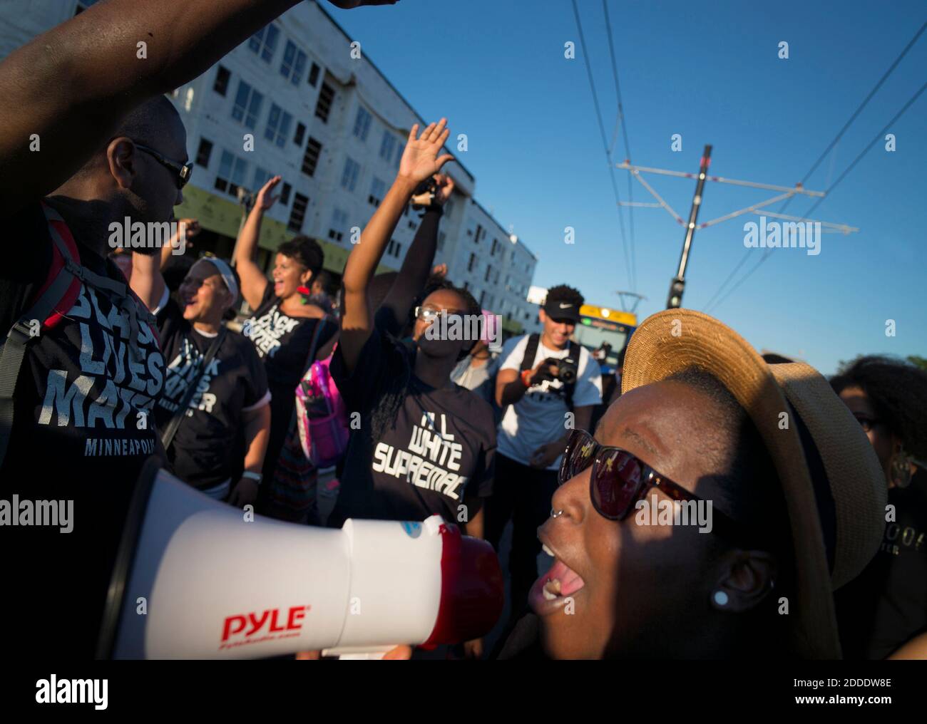 NO FILM, NO VIDEO, NO TV, NO DOCUMENTARY - Black Lives Matter protesters rally on Monday, Aug. 10, 2015, in St. Paul, Minn. The protest began in Hamline Park and took its course to the Western Precinct police station. Photo by Richard Tsong-Taatarii/Minneapolis Star-Tribune/TNS/ABACAPRESS.COM Stock Photo