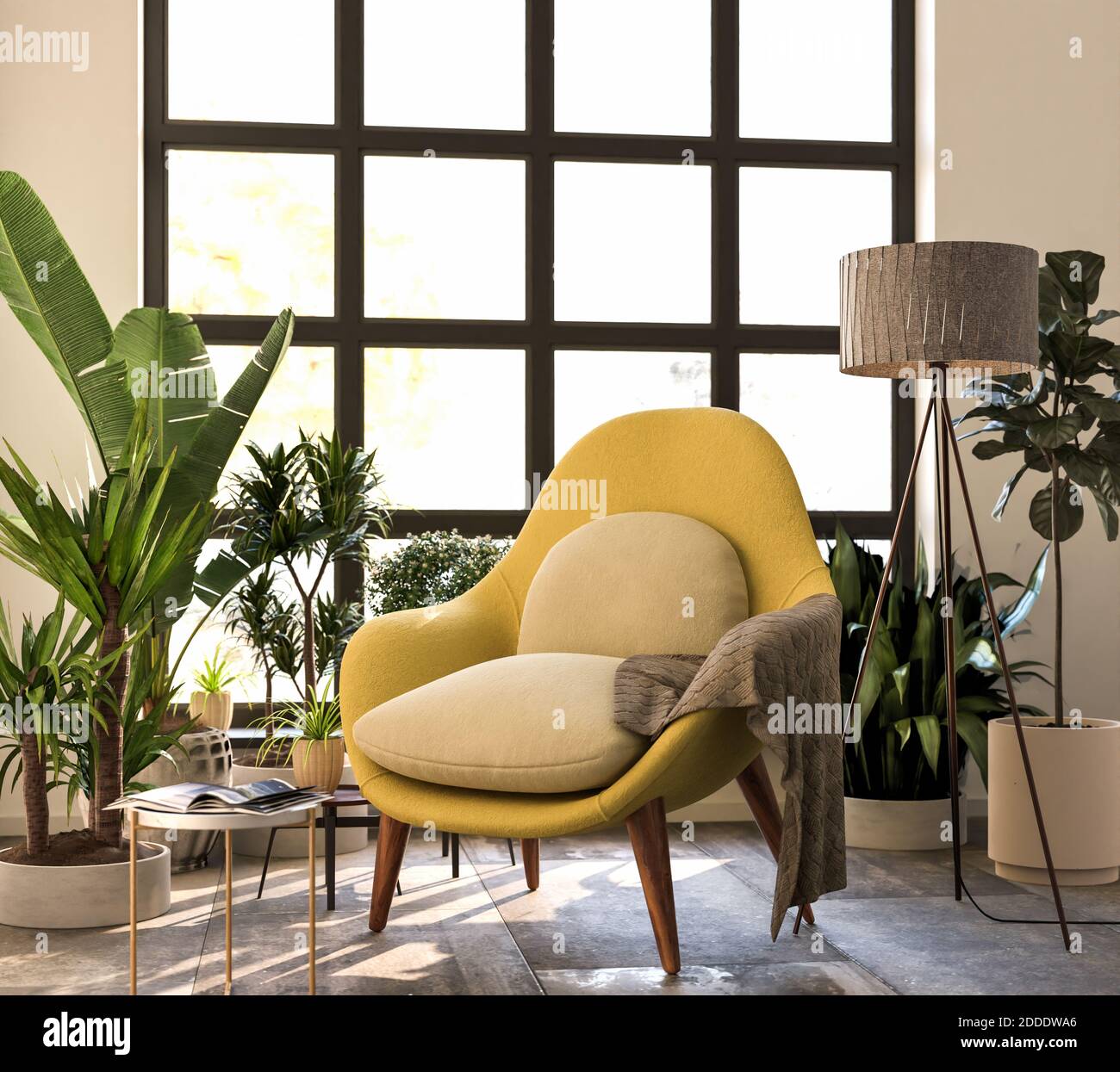 Cozy living room with an armchair coffee table with a magazine 