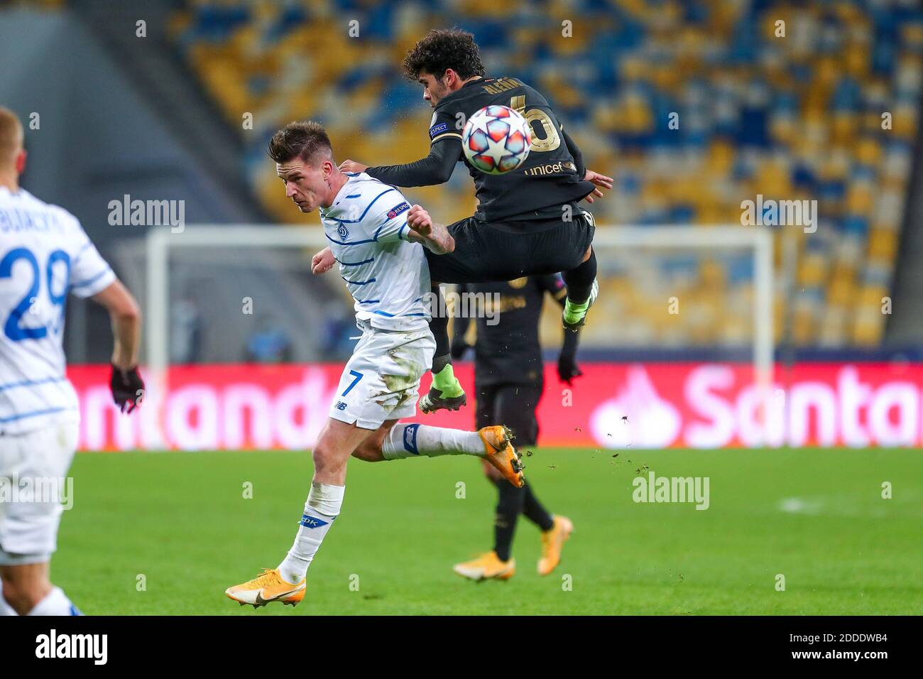 KYIV, UKRAINE - NOVEMBER 24: Benjamin Verbic of Dynamo Kiev, Carles Alena  of FC Barcelona during the UEFA Champions League match between Dinamo Kyiv  and Barcelona at NSK Olimpiyskiy stadium on november