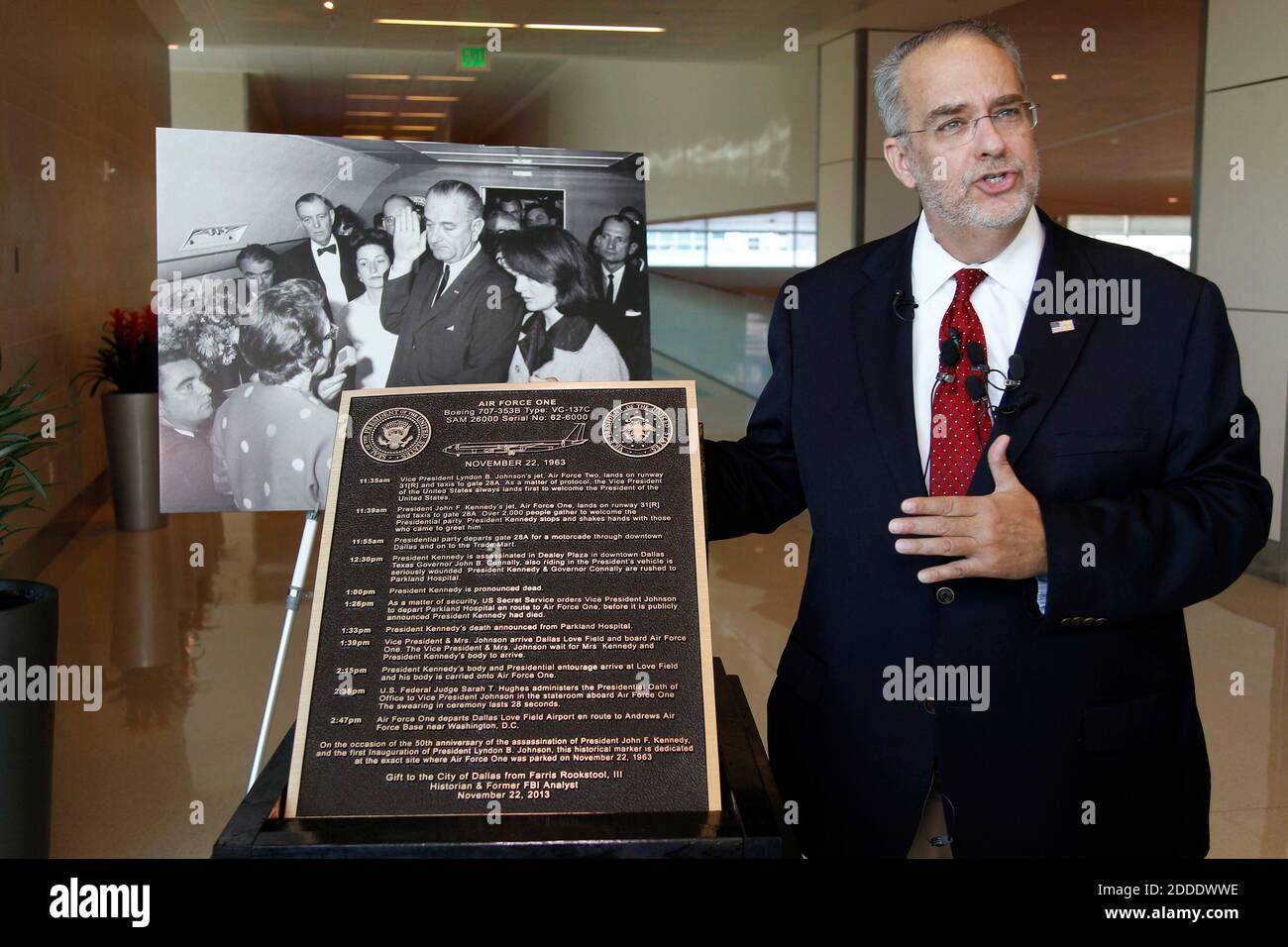NO FILM, NO VIDEO, NO TV, NO DOCUMENTARY - Farris Rookstool III, a former FBI agent and Kennedy assassination historian, holds a press conference to show a plaque he donated, Thursday, Sept. 3, 2015, marking the spot at Love Field where Lyndon Baines Johnson was sworn in as president following the assassination of John F. Kennedy in Dallas, Texas. The plaque will be installed on the ramp where the plane was parked and will not be accessible to the public. (Rodger Mallison/Fort Worth Star-Telegram/TNS/ABACAPRESS.COM Stock Photo
