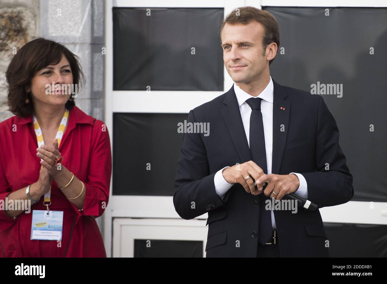 French President Emmanuel Macron with President of the Occitanie Pyrenees-Mediterranee Regional Council Carole Delga, during the inauguration of the new touristic area at the Pic du Midi observatory in the Pyrenees mountain at La Mongie in Bagneres-de-Bigorre, on July 26, 2018. Photo by ELIOT BLONDET/ABACAPRESS.COM Stock Photo