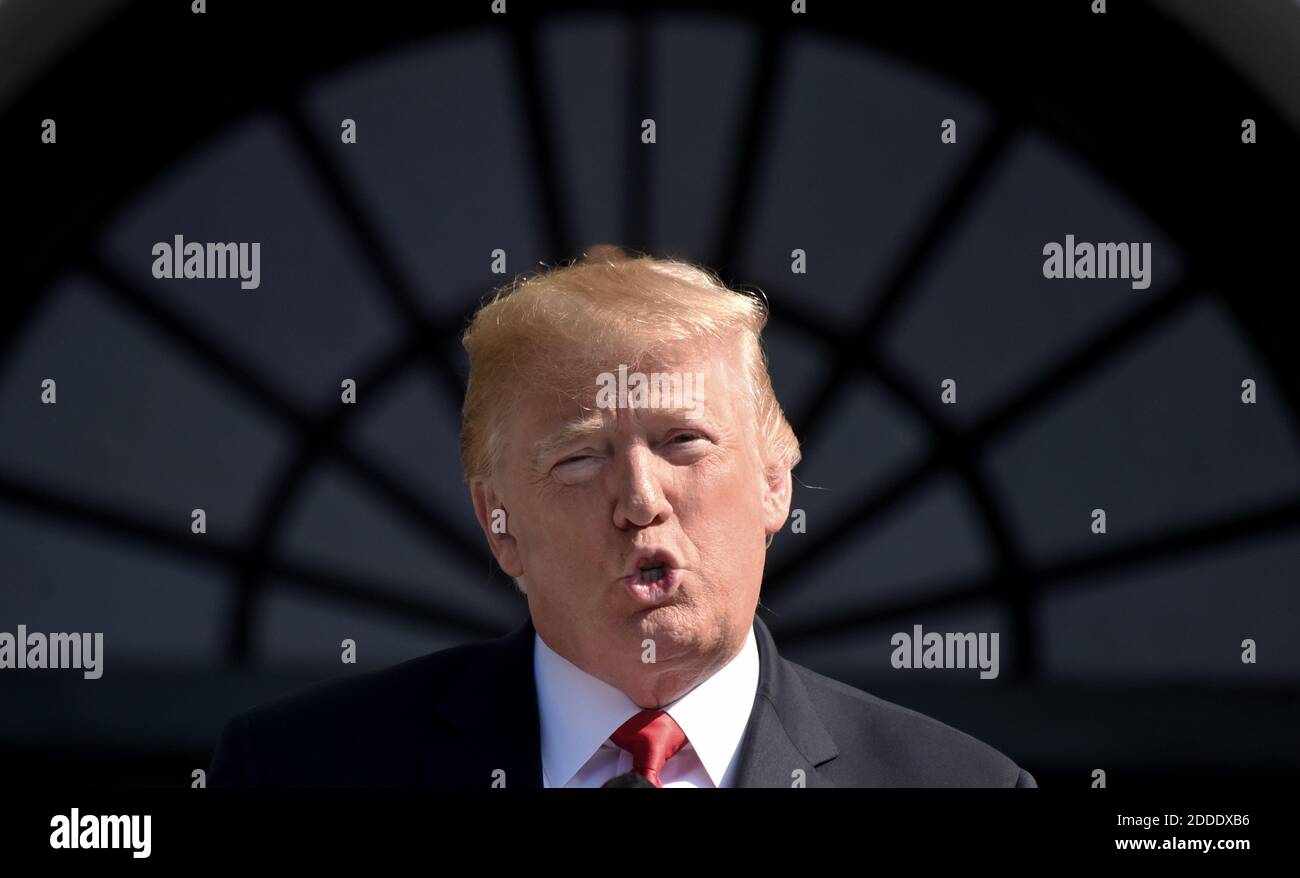 U.S. President Donald Trump comments on the 4.1percent economic growth for the second quarter during a statement in the South Lawn of the White House July 27, 2018 in Washington, DC, USA. Photo by Olivier Douliery/ABACAPRESS.COM Stock Photo
