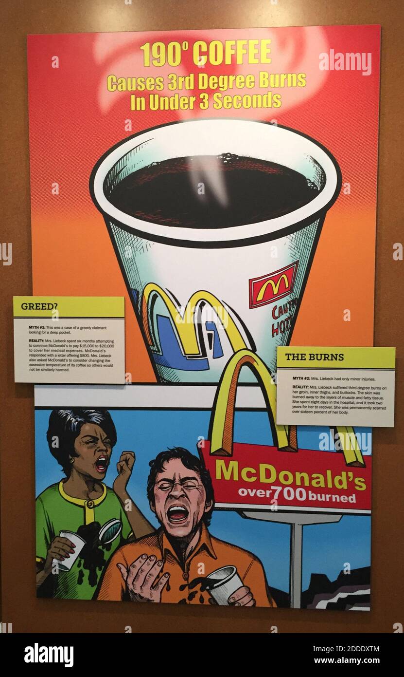 NO FILM, NO VIDEO, NO TV, NO DOCUMENTARY - On display at the American Museum of Tort Law in Winsted, Conn. is Steve Bonham's illustration of Liebeck v. McDonald's, a case brought by an elderly woman who had third degree burns from coffee she spilled on her lap after buying it at the drive-thru window. The victim won, but the case became a flashpoint for tort reform. Photo by Maria Recio/McClatchy DC/TNS/ABACAPRESS.COM Stock Photo