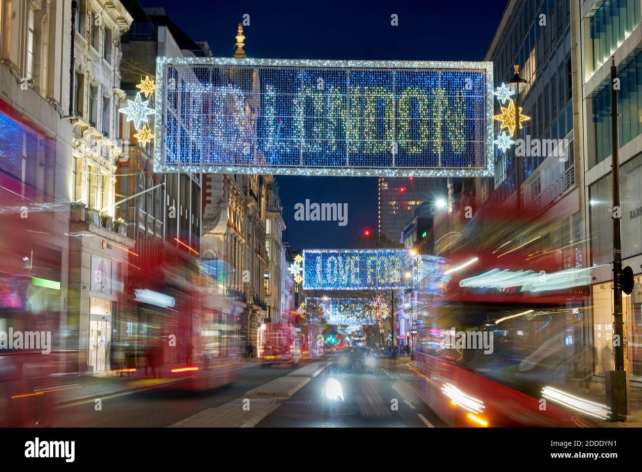 oxford street.  Christmas lights 2020.  London buses. Red bus in London.   London Stock Photo