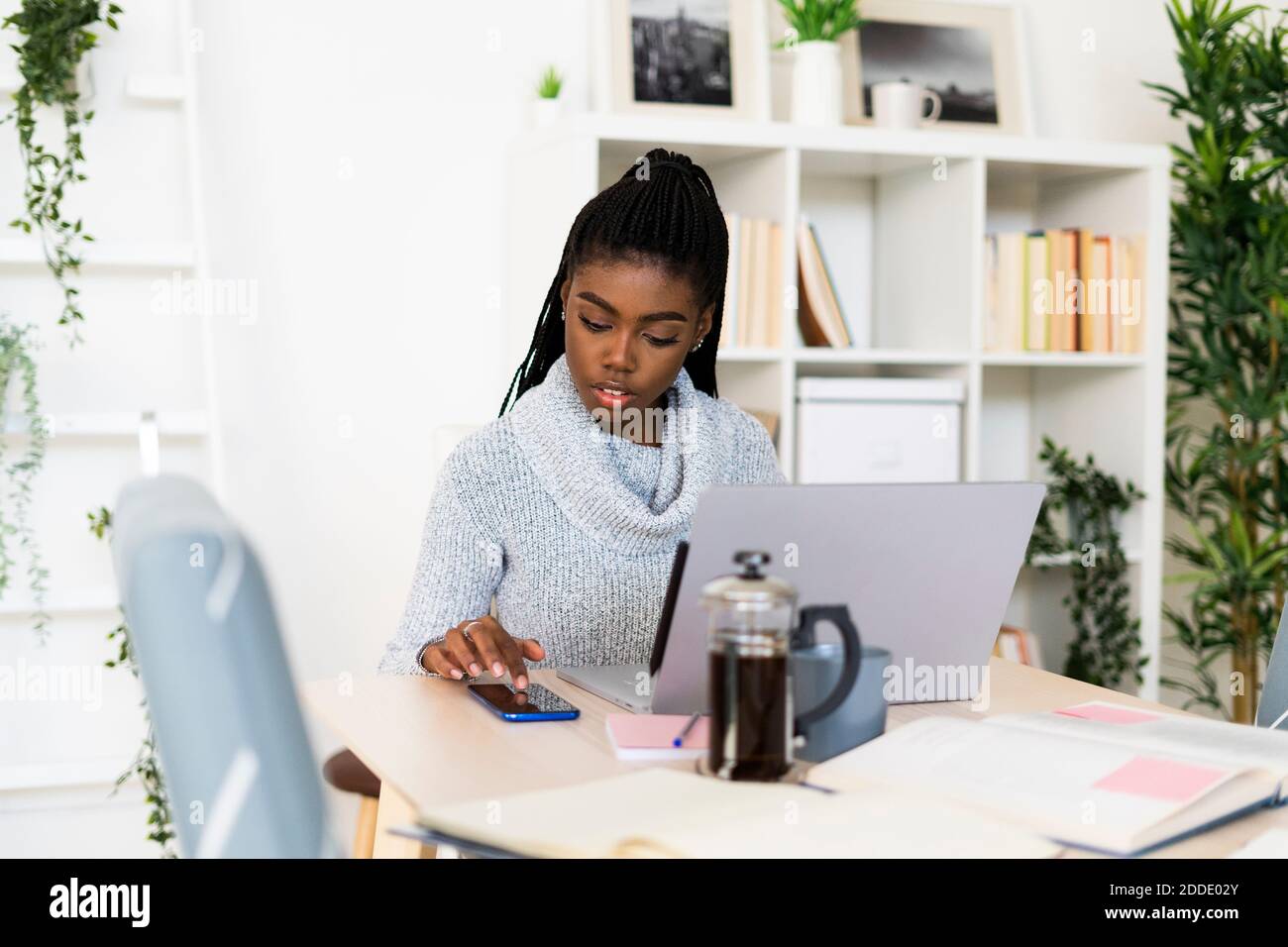 Young female student using smart phone while studying through laptop sitting in living room at home Stock Photo