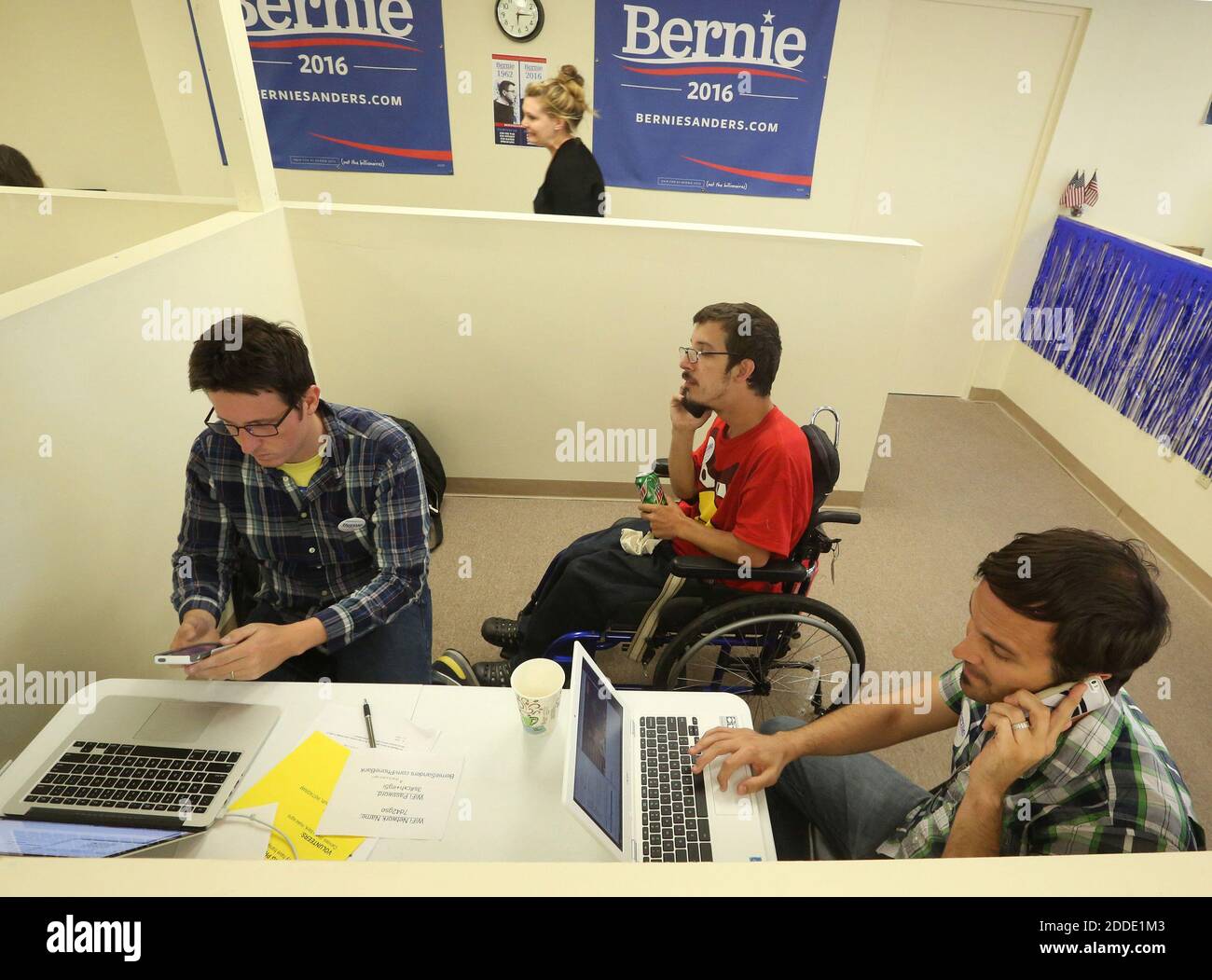 No Film No Video No Tv No Documentary Unpaid Volunteers Jack Brown Left Kirk Root Middle And Steve Goodwill At Bernie Sanders 2016 Orlando Headquarters Work The Phone Banks To Get