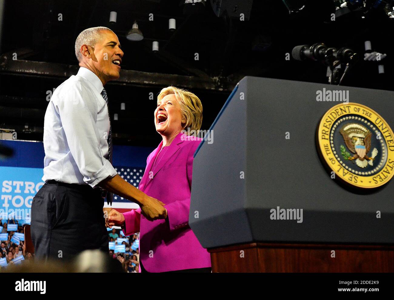 NO FILM, NO VIDEO, NO TV, NO DOCUMENTARY - President Obama returns to Charlotte, NC, USA, on Tuesday, July 5, 2016, for his first campaign appearance with presumptive Democratic presidential nominee, Hillary Clinton, right, during a rally at the Charlotte Convention Center. Photo by John D. Simmons/Charlotte Observer/TNS/ABACAPRESS.COM Stock Photo