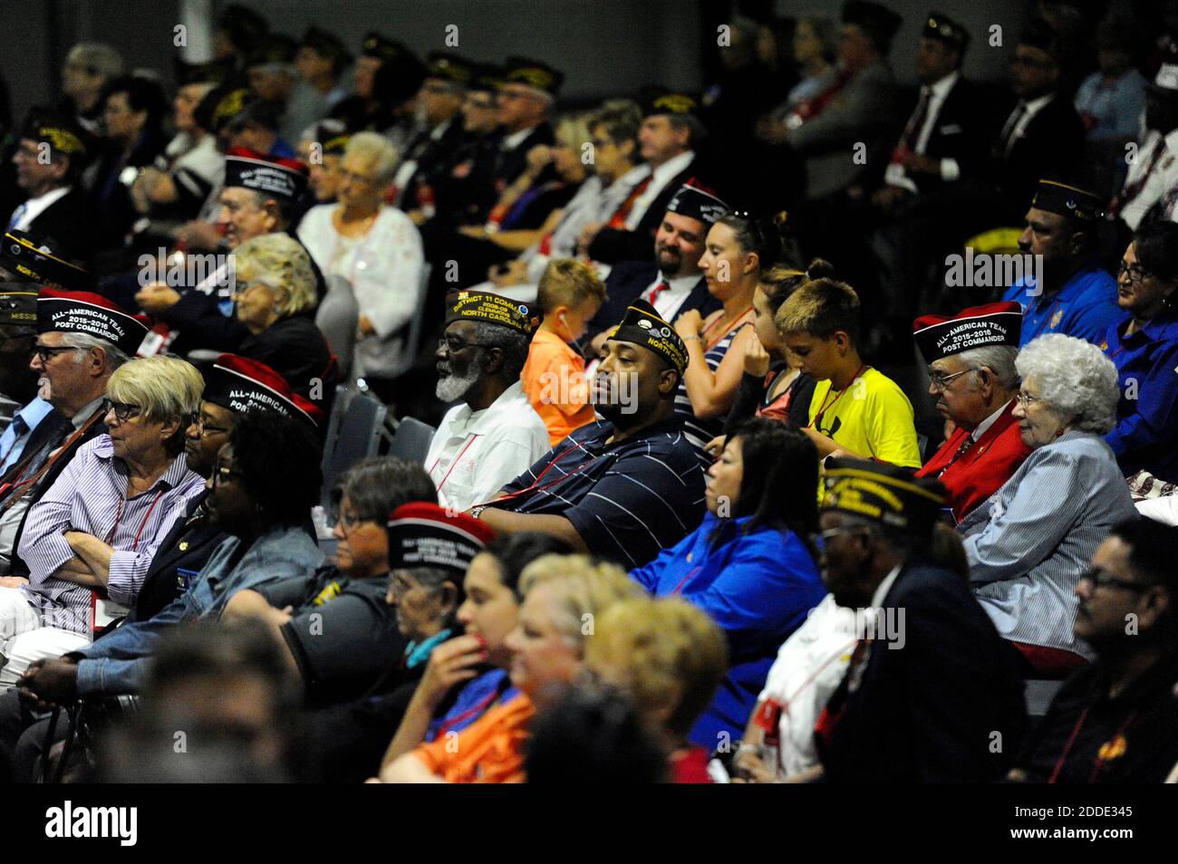 NO FILM, NO VIDEO, NO TV, NO DOCUMENTARY - Audience members listen as Hillary Clinton, the presumptive Democratic presidential nominee, addresses the 117th annual VFW National Convention at the Charlotte Convention center on Monday, July 25, 2016 in Charlotte, NC, USA. Photo by David T. Foster III/Charlotte Observer/TNS/ABACAPRESS.COM Stock Photo