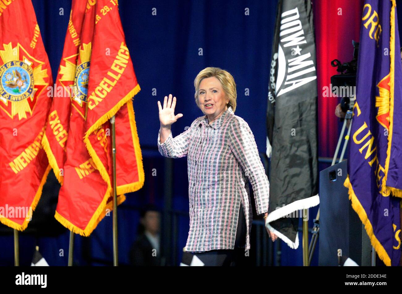 NO FILM, NO VIDEO, NO TV, NO DOCUMENTARY - Hillary Clinton, the presumptive Democratic presidential nominee, waves to the crowd as she steps onstage to address the 117th annual VFW National Convention at the Charlotte Convention center on Monday, July 25, 2016 in Charlotte, NC, USA. Photo by David T. Foster III/Charlotte Observer/TNS/ABACAPRESS.COM Stock Photo