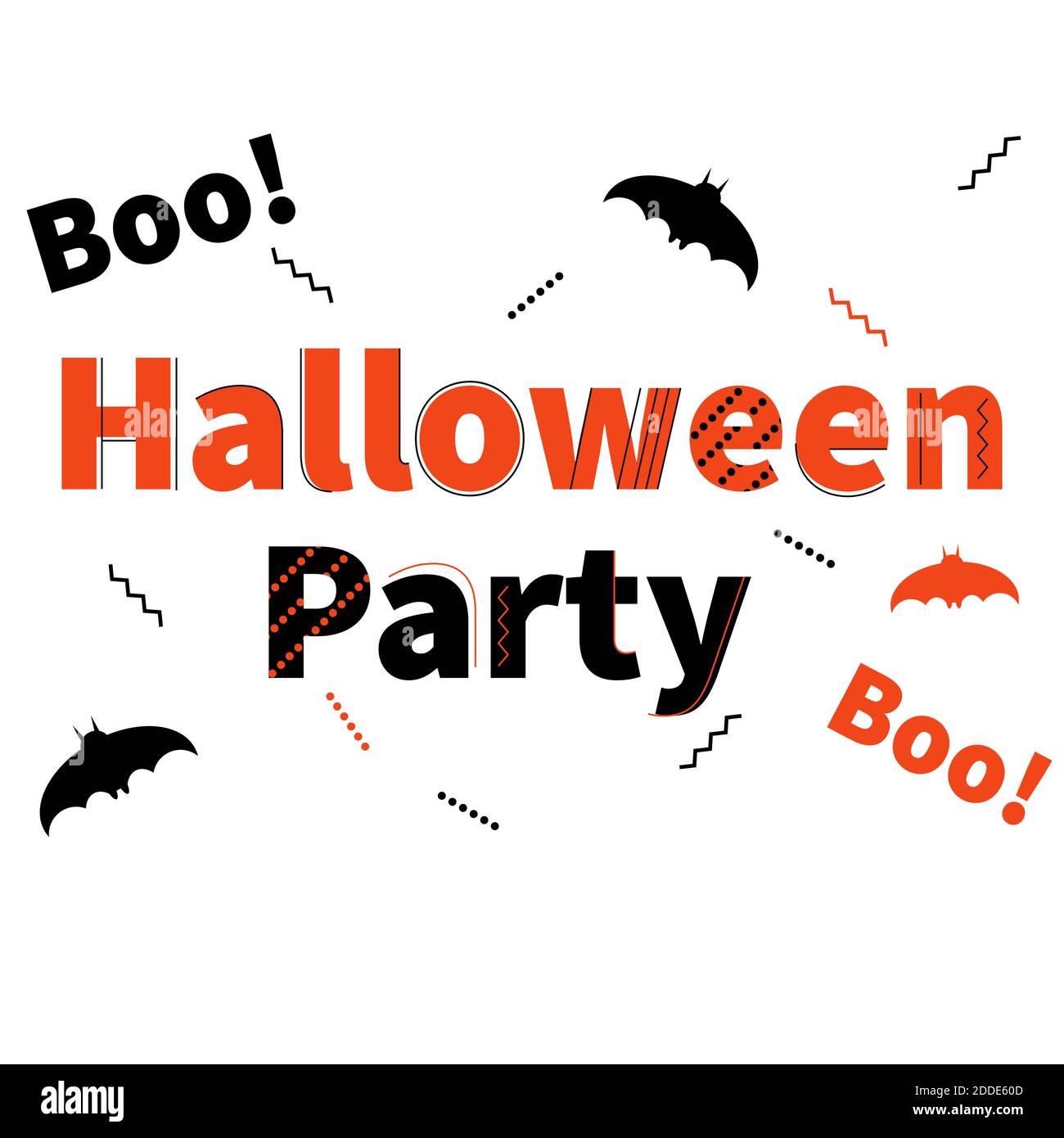 Halloween party simple geometric banner template. Event invitation, flyer, leaflet with bats, lines, boo and zigzags. Black and orange. Vector isolated. Decorated letters. October holiday celebration. Stock Vector