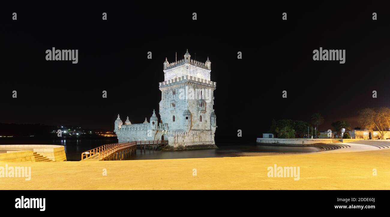 Portugal, Lisbon District, Lisbon, Panorama of Belem Tower at night Stock Photo