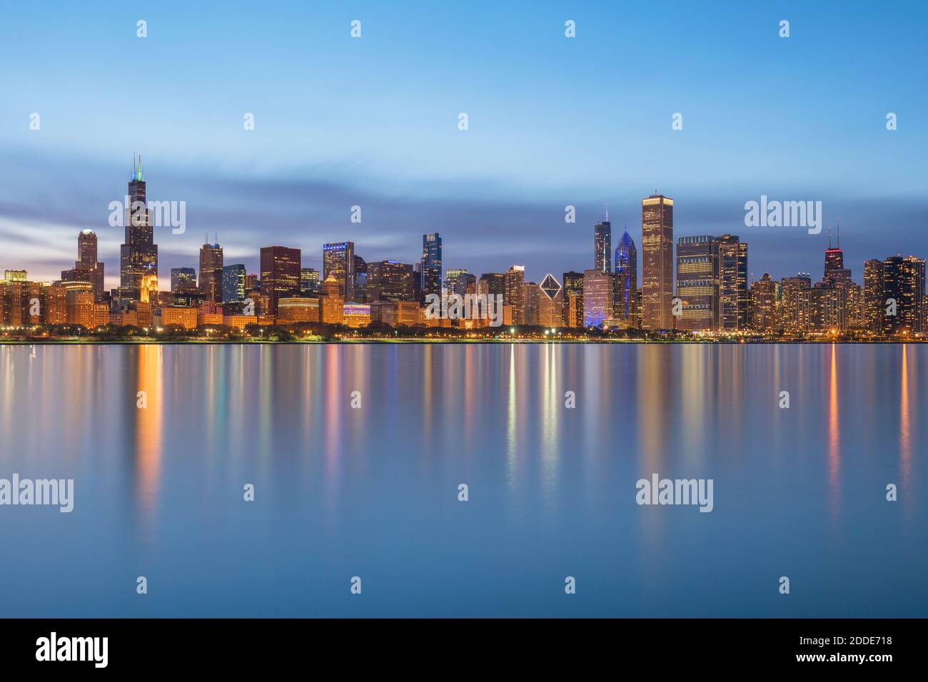 Downtown seen from Northerly Island park during dusk, Chicago, USA Stock Photo