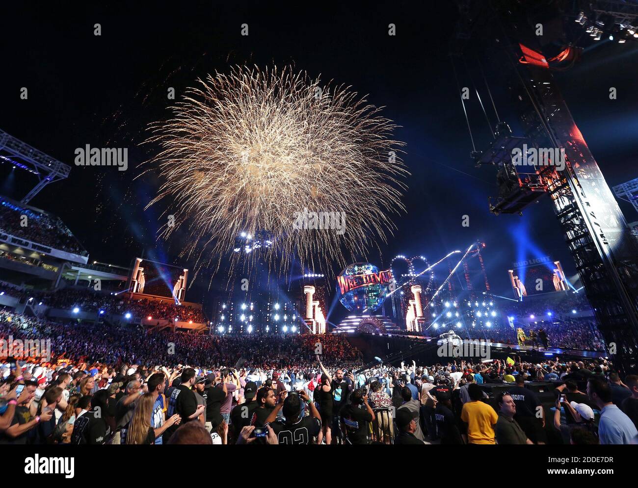 NO FILM, NO VIDEO, NO TV, NO DOCUMENTARY - Fireworks explode during WrestleMania 33 on Sunday, April 2, 2017 at Camping World Stadium in Orlando, FL, USA. Photo by Stephen M. Dowell/Orlando Sentinel/TNS/ABACAPRESS.COM Stock Photo
