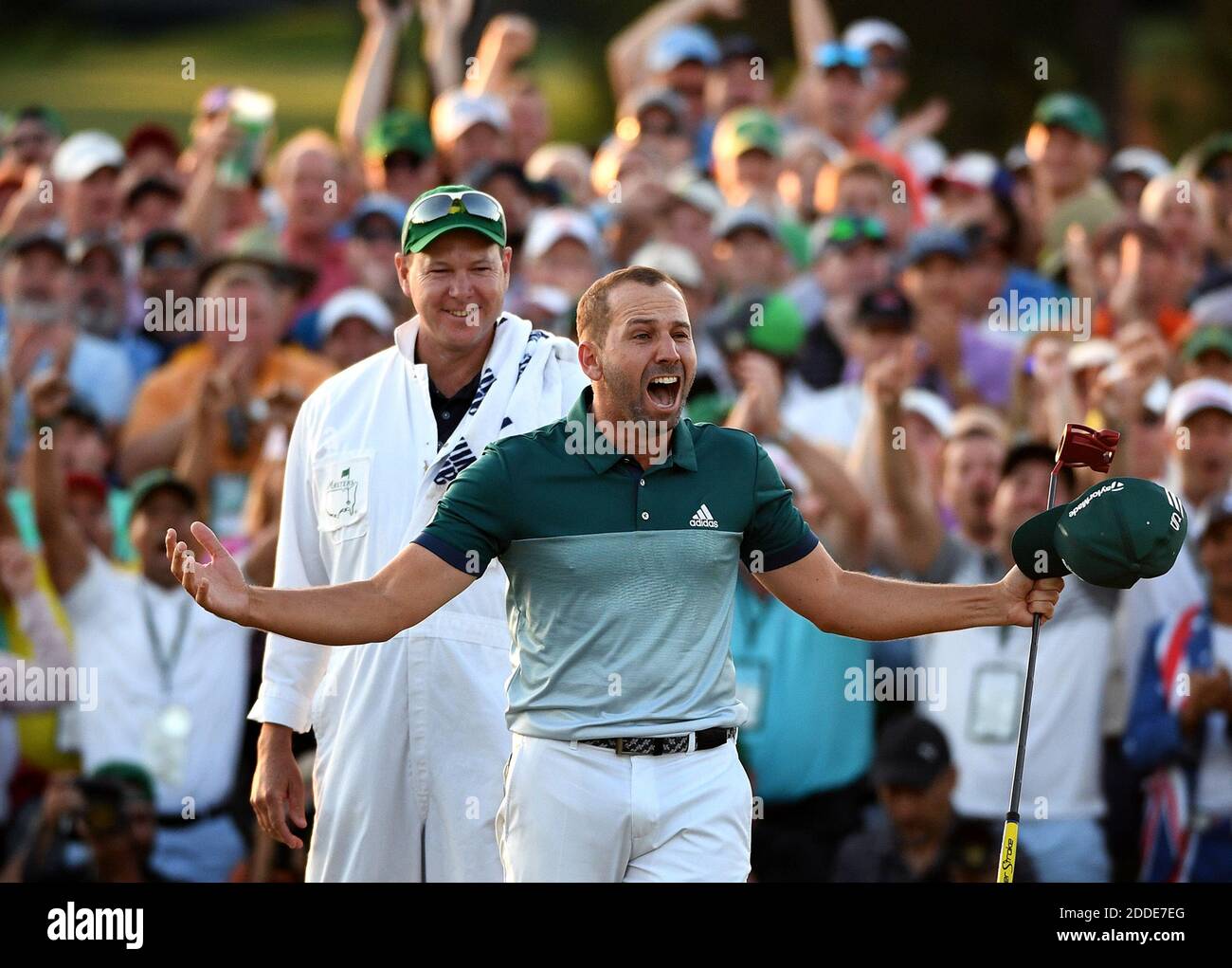 NO FILM, NO VIDEO, NO TV, NO DOCUMENTARY - Sergio Garcia celebrates winning the Masters Tournament on Sunday, April 9, 2017 at Augusta National Golf Club in Augusta, GA, USA. Garcia defeated Justin Rose in a playoff. Looking on is Garcia's caddie, Glen Murray. Photo by Jeff Siner/Charlotte Observer/TNS/ABACAPRESS.COM Stock Photo