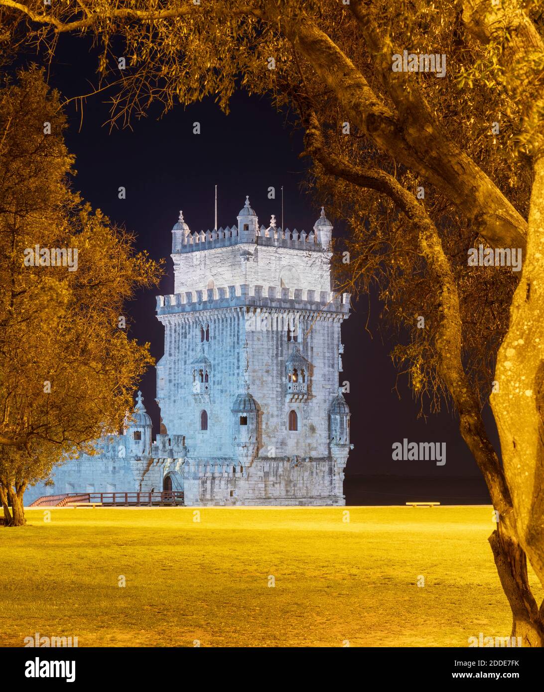 Portugal, Lisbon District, Lisbon, Panorama of Belem Tower at night Stock Photo