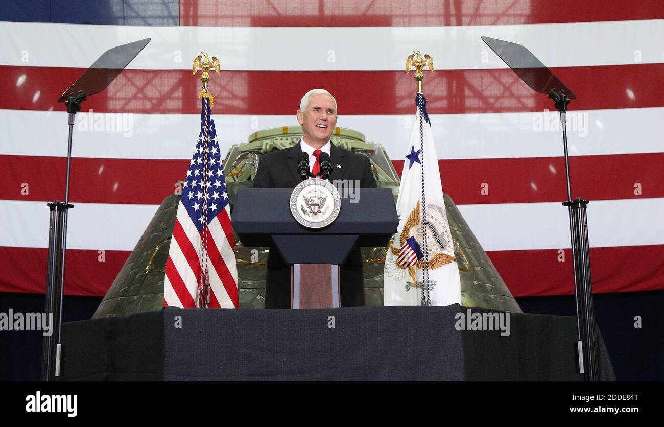 NO FILM, NO VIDEO, NO TV, NO DOCUMENTARY - Vice President Mike Pence speaks inside the Vehicle Assembly Building Thursday, July 6, 2017 at the Kennedy Space Center in Florida. Cape Canaveral, FL, USA, July 6, 2017. Photo by Red Huber/Orlando Sentinel/TNS/ABACAPRESS.COM Stock Photo