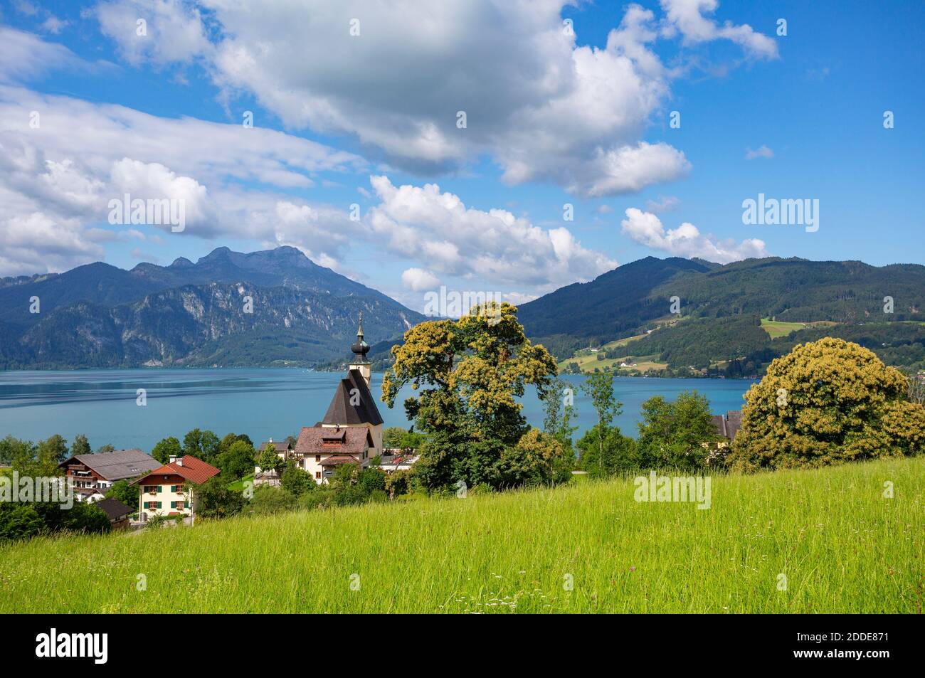 Austria, Upper Austria, Steinbach am Attersee, Rural town on shore of Lake Atter in summer Stock Photo