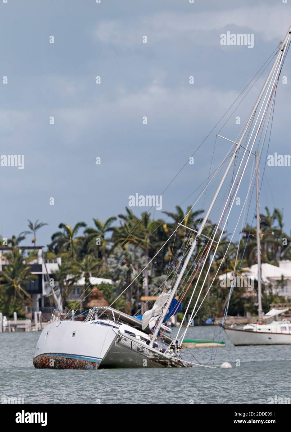 NO FILM, NO VIDEO, NO TV, NO DOCUMENTARY - A sailboat capsized at Watson Island in the Hurricane Irma aftermath on Monday, September 11, 2017 in Miami. Photo by David Santiago/Miami Herald/TNS/ABACAPRESS.COM Stock Photo