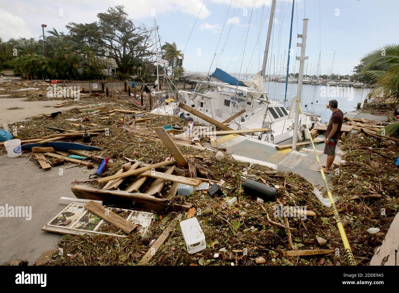 NO FILM, NO VIDEO, NO TV, NO DOCUMENTARY - A sailboat crashed and smashed at the Dinner Key Marina in Miami, FL, USA on Monday, September 11, 2017. Photo by Mike Stocker/Sun Sentinel/TNS/ABACAPRESS.COM Stock Photo