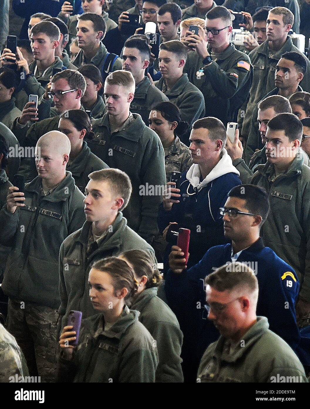 NO FILM, NO VIDEO, NO TV, NO DOCUMENTARY - Cadets listen as the Superintendent of the United States Air Force Academy, Lt Gen. Jay Silveria, gave an passioned anti-rascism speech during lunch at the Air Force Academy on Sept. 28, 2017 in Colorado Springs, Colo. He told the cadets to pull out their camera phones to record the main message. Photo by Jerilee Bennett/Colorado Springs Gazette/TNS/ABACAPRESS.COM Stock Photo