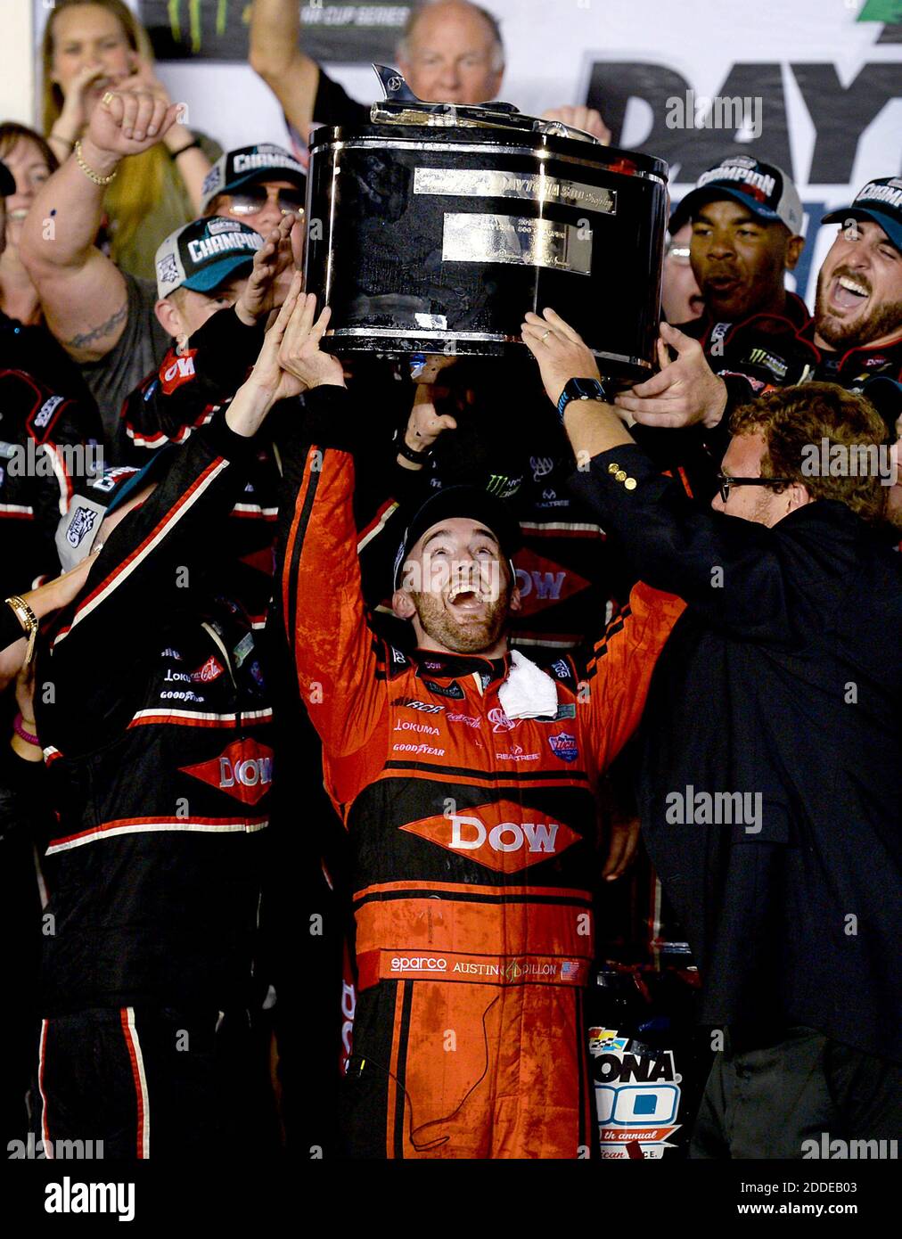 NO FILM, NO VIDEO, NO TV, NO DOCUMENTARY - NASCAR driver Austin Dillon and his team celebrate their victory in the 60th Daytona 500 race on Sunday, February 18, 2018 at Daytona International Speedway in Daytona Beach, FL, USA. Driver Bubba Wallace finished second, with Denny Hamlin in third. Photo by Jeff Siner/Charlotte Observer/TNS/ABACAPRESS.COM Stock Photo