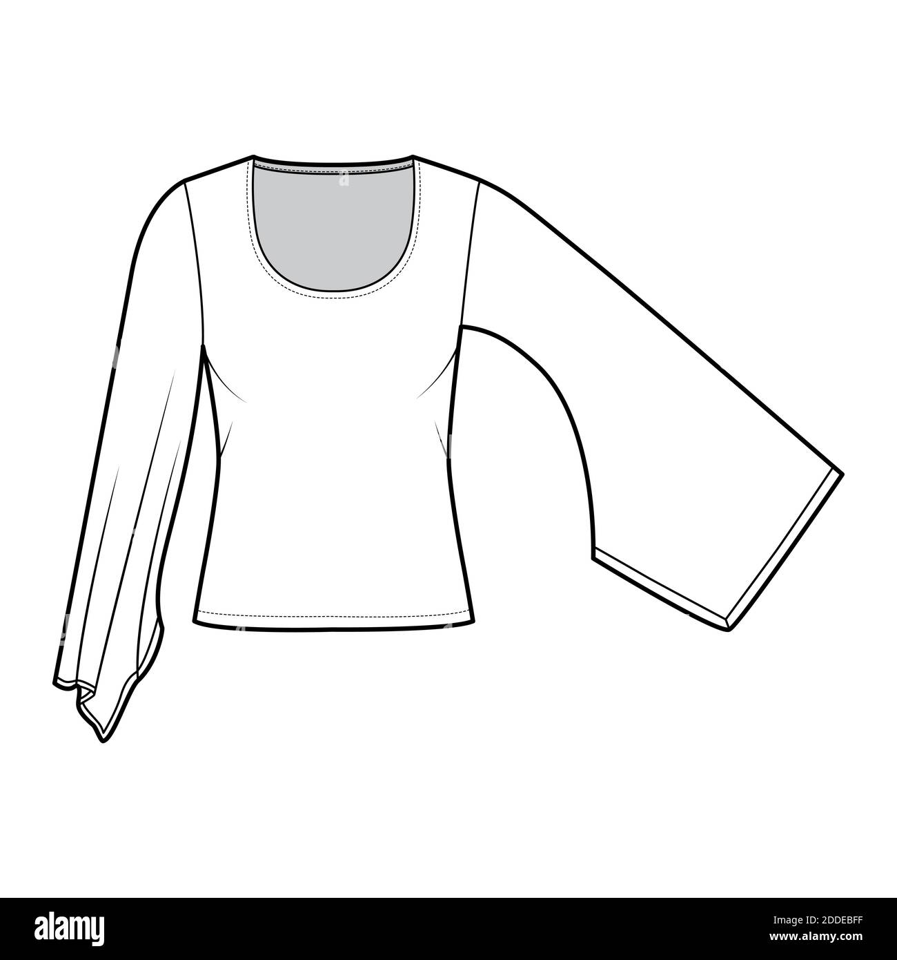 Top with Kimono long sleeves technical fashion illustration with relax fit,  under waist length, round neckline. Flat apparel blouse template front,  white color. Women men unisex shirt CAD mockup Stock Vector Image