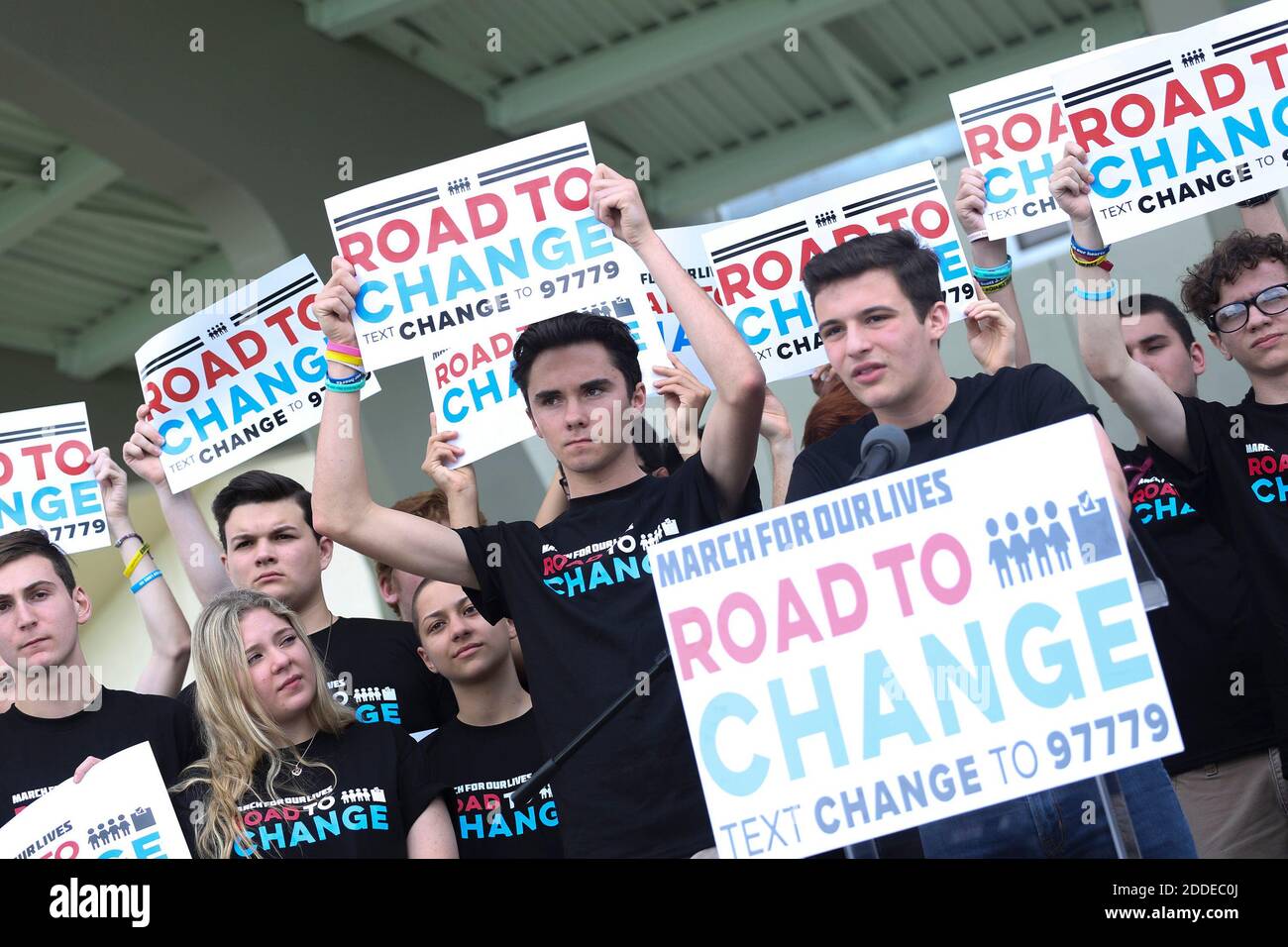 NO FILM, NO VIDEO, NO TV, NO DOCUMENTARY - Parkland shooting survivors Emma Gonzalez, David Hogg and Cameron Kaskey hold a press conference for the March for Our Lives movement on Monday, June 4, 2018 at the Pines Trails Park in Parkland, Fla. They announced a 20-state tour dubbed 'The March For Our Lives: Road to Change,' where they plan to meet with young voters and campaign to end gun violence. Photo by Ellis Rua/Miami Herald/TNS/ABACAPRESS.COM Stock Photo