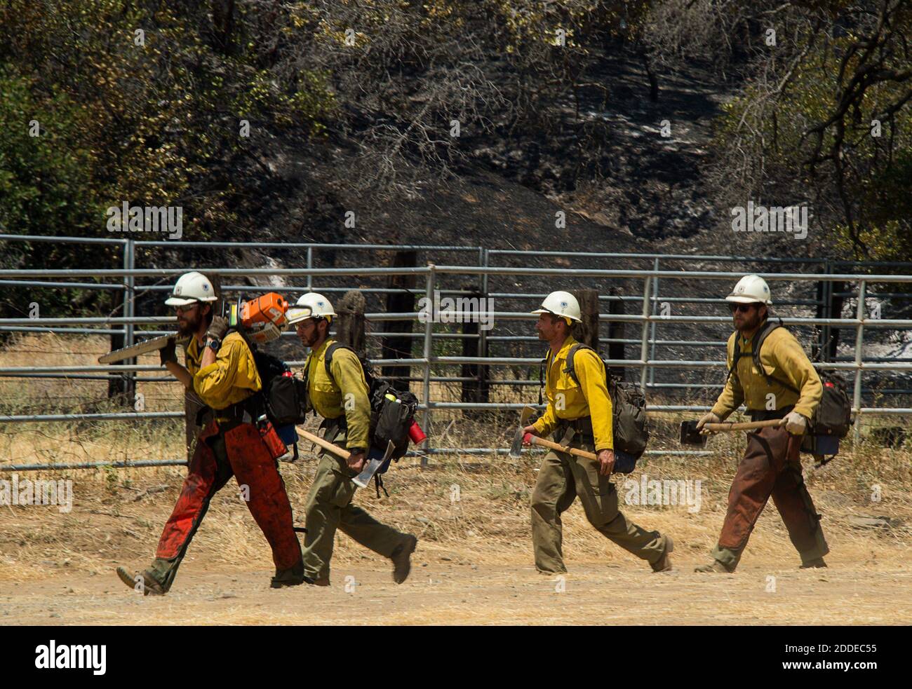 NO FILM, NO VIDEO, NO TV, NO DOCUMENTARY - Fire crews deploy to fight the County Fire, which has burned more than 22,000 acres without containment, on Sunday, July 1, 2018 in Capay Valley, CA, USA. Photo by Paul Kitagaki Jr./Sacramento Bee/TNS/ABACAPRESS.COM Stock Photo