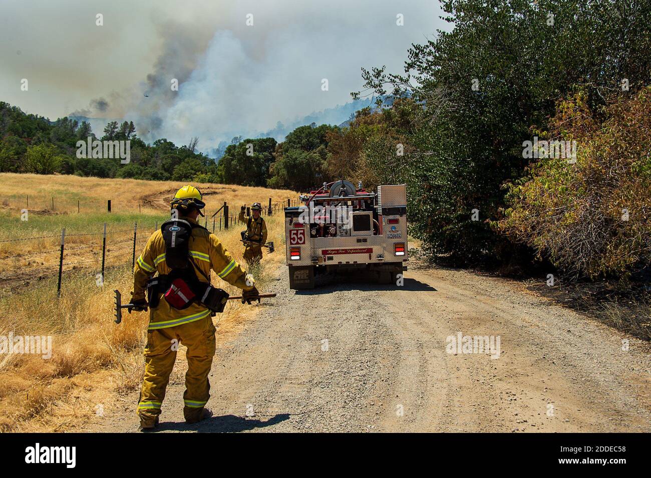 NO FILM, NO VIDEO, NO TV, NO DOCUMENTARY - Keyes firefighters work the County Fire, which has burned more than 22,000 acres without containment, on Sunday, July 1, 2018 in Capay Valley, CA, USA. Photo by Paul Kitagaki Jr./Sacramento Bee/TNS/ABACAPRESS.COM Stock Photo
