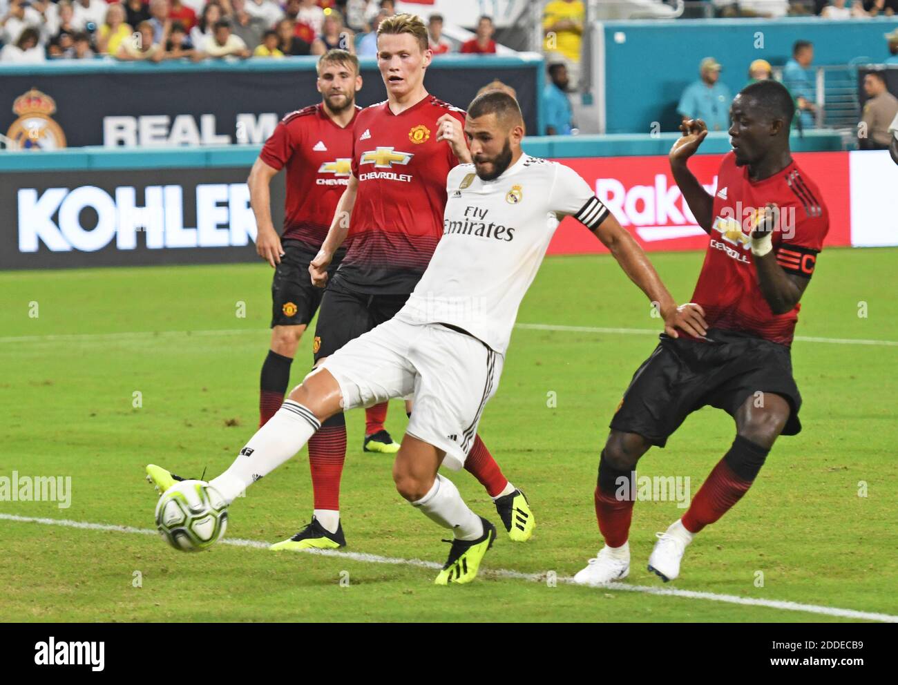 NO FILM, NO VIDEO, NO TV, NO DOCUMENTARY - Karim Mostafa Benzema scores a goal past David de Gea of Manchester United in the first half during International Champions Cup action at Hard Rock Stadium in Miami Gardens, FL, USA on Tuesday, July 31, 2018. Manchester United won, 2-1. Photo by Jim Rassol/Sun Sentinel/TNS/ABACAPRESS.COM Stock Photo