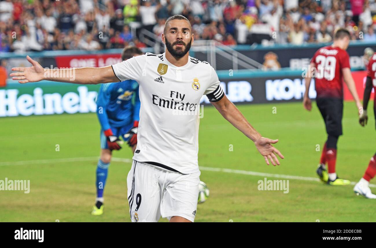 NO FILM, NO VIDEO, NO TV, NO DOCUMENTARY - Karim Mostafa Benzema of Real Madrid celebrates a goal past David de Gea of Manchester United in the first half during International Champions Cup action at Hard Rock Stadium in Miami Gardens, FL, USA on Tuesday, July 31, 2018. Manchester United won, 2-1. Photo by Jim Rassol/Sun Sentinel/TNS/ABACAPRESS.COM Stock Photo