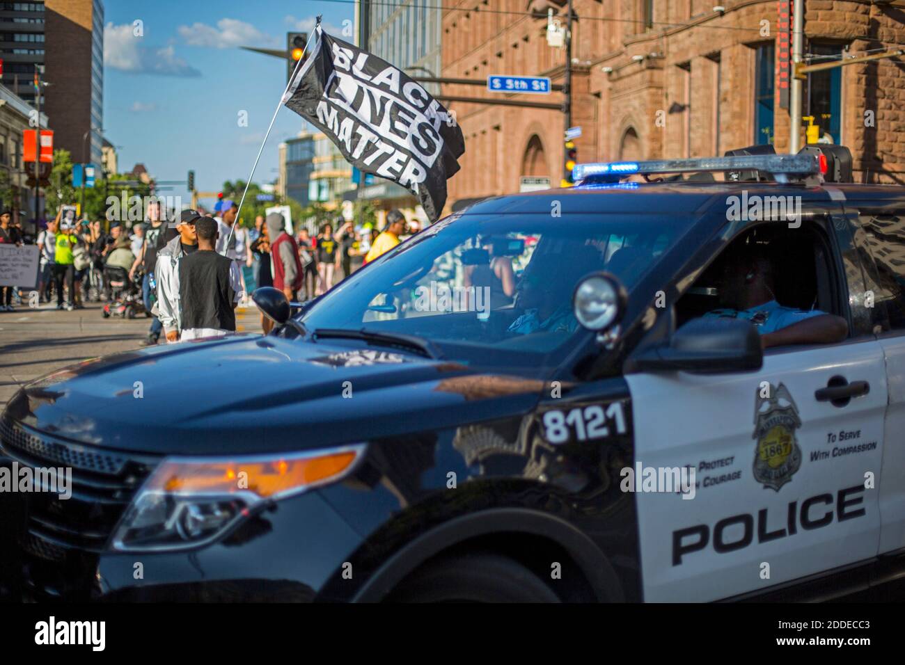 NO FILM, NO VIDEO, NO TV, NO DOCUMENTARY - Police officers block an intersection off as protestors stop all traffic in the streets in downtown Minneapolis, MN, USA on Tuesday, July 31, 2018, as protesters decry the killing of Thurman Blevins by two Minneapolis police officers. Photo by Alex Kormann/Minneapolis Star Tribune/TNS/ABACAPRESS.COM Stock Photo