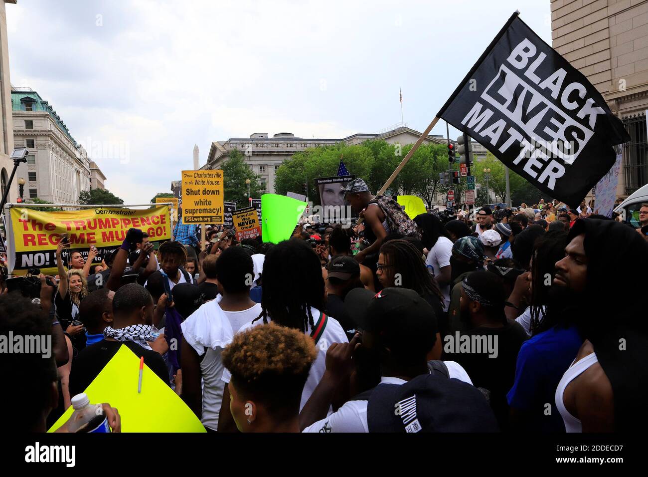NO FILM, NO VIDEO, NO TV, NO DOCUMENTARY - Curtis Aiken waves a Black Lives Matter flag with an image of Heather Heyer in the background during a march in Washington, D.C. on Sunday, Aug. 12, 2018 ahead of a white nationalist rally to take place near the White House. The rally was planned on the anniversary of the Unite the Right rally, organized by the same people, in Charlottesville, Va. where Heyer was killed. Photo by Darryl Smith/TNS/ABACAPRESS.COM Stock Photo